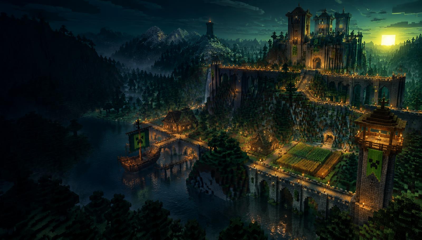 Torch-lit fortress at dusk on PotenXcraft